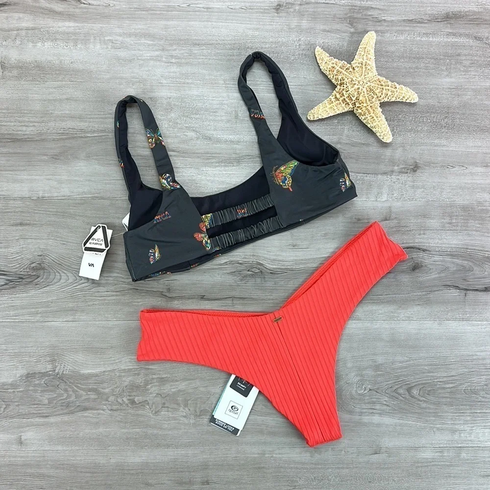 ☀️RVCA☀️RIP CIRL☀️ FLUTTER BRALETTE PREMIUM SKOMPY HIPSTER BIKINI SET - Picture 9 of 12